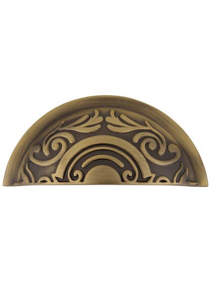 Decorative Cup Pull - 3 inch Center-to-Center in Antique Brass.